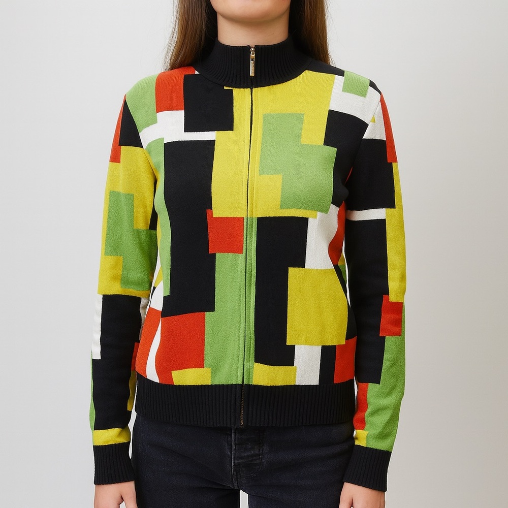 Rare St John Full zip sweater Mod shapes in dark Orange, Black, Green and Yellow